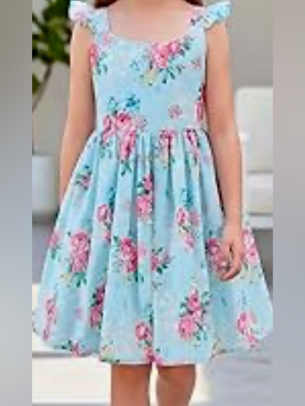 Girls' Blue Floral Ruffle-Strap Dress